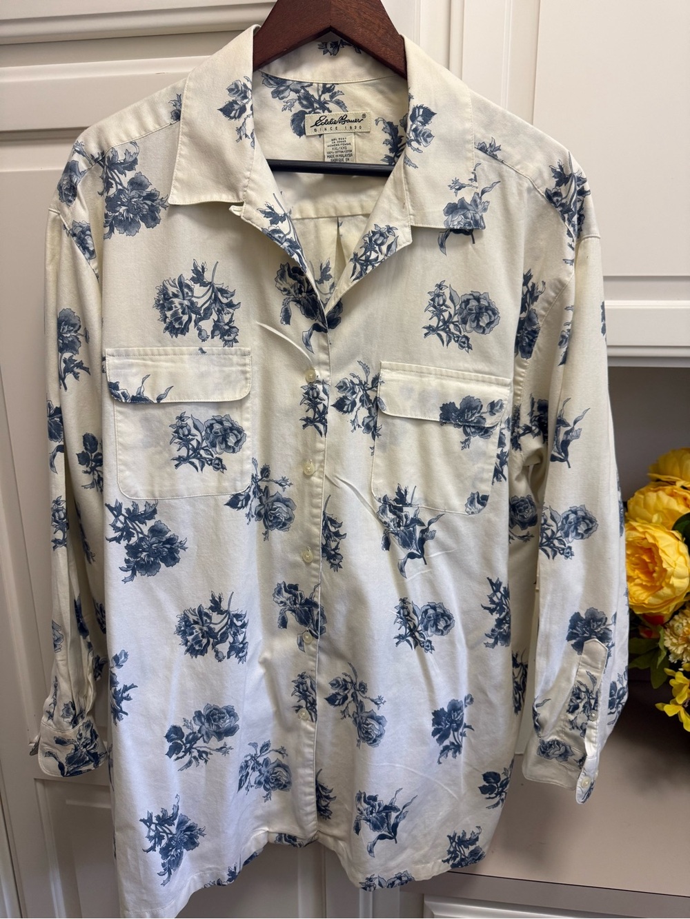 Eddie Bauer Cream Button-Down Shirt with Blue Floral Pattern